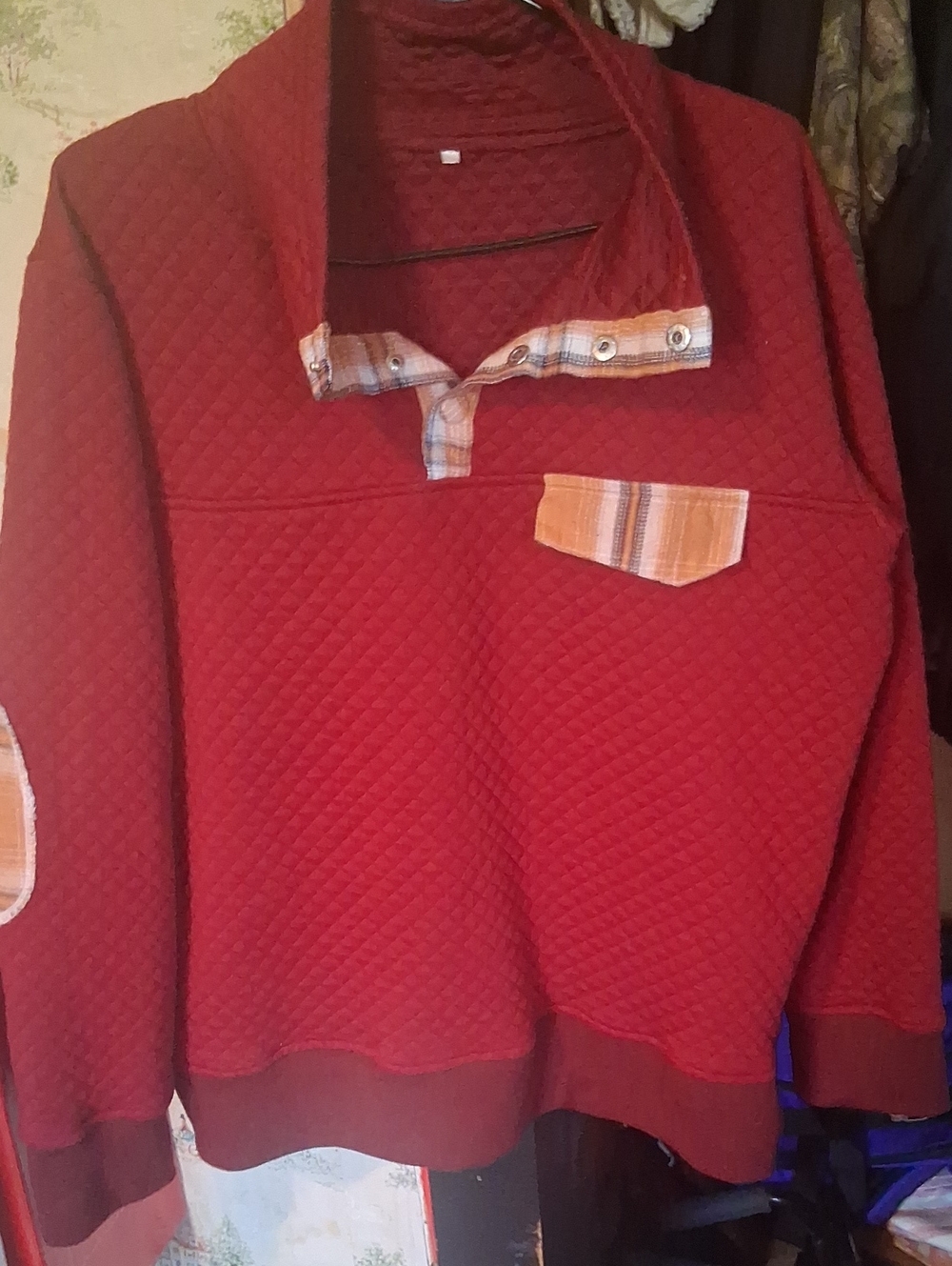 Cozy Quilted Red Turtleneck Pullover with Plaid Trim